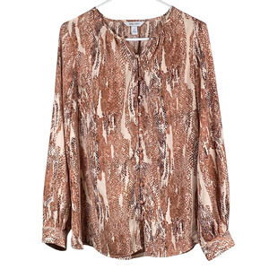 Nine West Blouse Womens Medium Brown Snake Print Button Front Long Sleeve Top